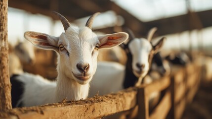 A goat farm specializing in dairy production, with rows of healthy goats being milked using an efficient system,