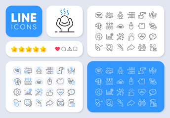 Evaporation, Electronic thermometer and Vaccine announcement line icons for web app. Message, Share, Like social media icons. Vector
