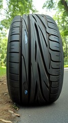 Obraz premium Close Up of a Car Tire on Asphalt Road with Green Trees in the Background Automotive Detail Low Angle Shot