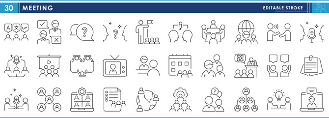 A set of line icons related to Meeting. Meet, schedule, business, interview, talk, chat, worldwide, and so on. Vector editable stroke.