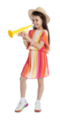 Cute girl playing toy trumpet on white background