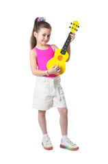 Cute girl playing toy guitar on white background