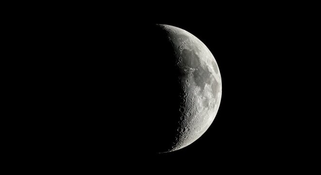 Crescent moon in dark night sky showing craters and surface texture.