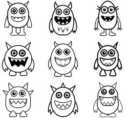 Cartoon Monster Character Set  Cute, Black and White Illustrations