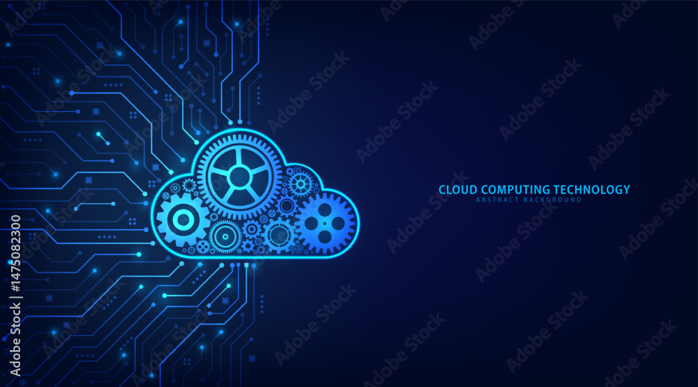 Poster Concept of Cloud Computing. Gears with a cloud shape on a circuit board in a futuristic blue background. Database computing, online storage, Data storage, and IOT. Vector illustration.