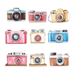 cute cartoon watercolor A collection of vintage camera