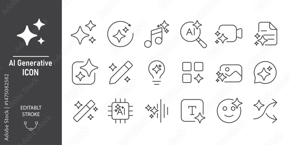 Aufkleber Set of generated AI icons. Creating images, videos, audio, search and data by AI. Media icon with AI star. Artificial intelligence element for apps and web. Vector illustration. Editable stroke.