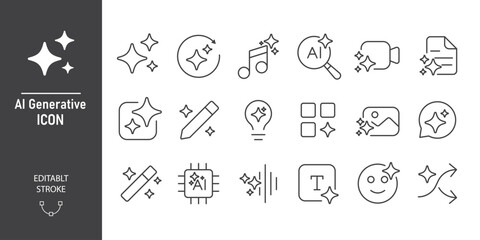 Set of generated AI icons. Creating images, videos, audio, search and data by AI. Media icon with AI star. Artificial intelligence element for apps and web. Vector illustration. Editable stroke.