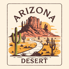 Arizona Desert illustration. vintage retro desert graphics. summer cowboy cowgirl t shirt design. print design. westerns wild fashion. graphics design. fashion prints. desert poster. Arizona desert 
