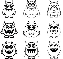 Cartoon Monster Character Set  Cute, Black and White Illustrations