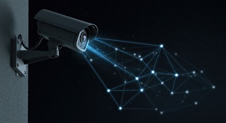 Security camera mounted on wall with digital network overlay against dark background.