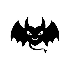 Angry black heart with devil face with horns and wings. Vector illustration.