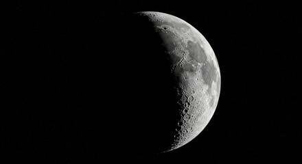Half moon visible against a dark black sky space celestial body.