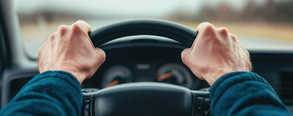 Closeup hands gripping steering wheel in traffic, focus on driving, safety, travel, and concentration, outdoor daylight scene