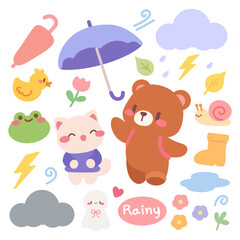 An adorable vector illustration features adorable kawaii animals including a bear, cat, frog, and snail playing in rainy weather. Surrounded by clouds, lightning, umbrellas, boots and flowers.