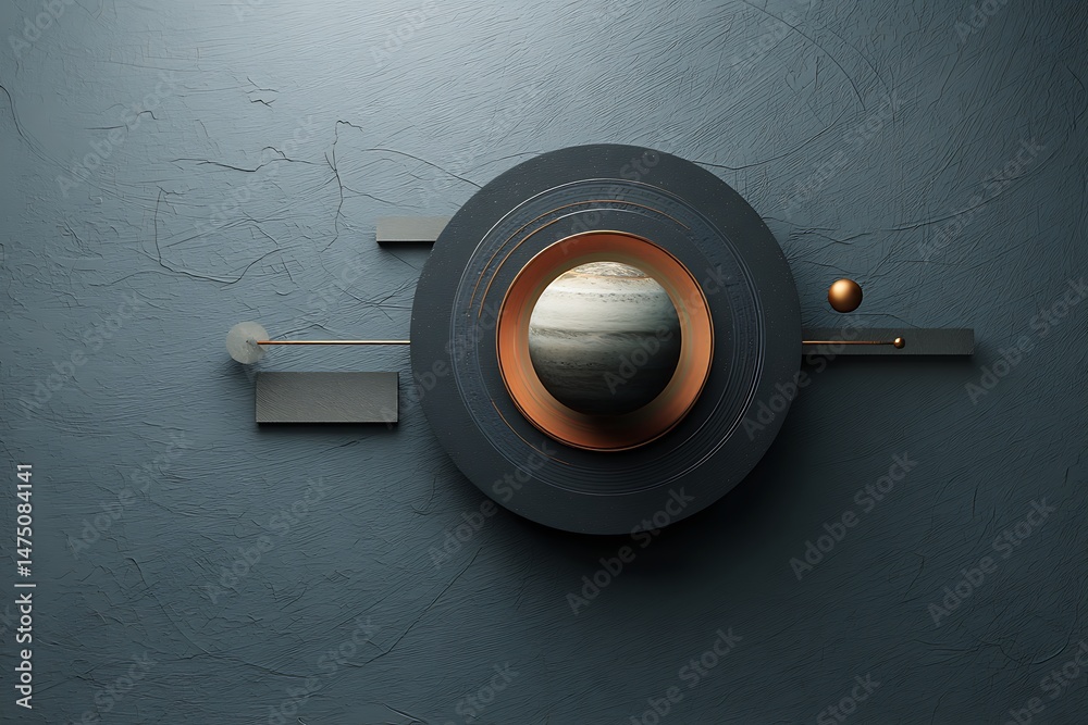 Wall mural abstract 3d render of jupiter in a minimalist cosmic setting with geometric shapes and a dark blue b