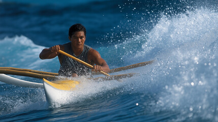 Paddling an outrigger canoe in sunny Hawaiian waters