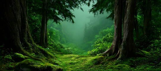 Obraz premium Enchanting Mossy Forest Path Nature Scene Lush Greenery Trees Fog Mystical Atmosphere