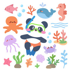 Cute Snorkeling Panda Underwater, Kawaii Sea Animal Vector Set. Underwater Vector with Panda, Marine Animals, and Coral Elements.