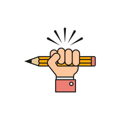 Hand holding a pencil. Vector icon. A raised hand clenches a large pencil in a fist. Illustration and drawing on white background.