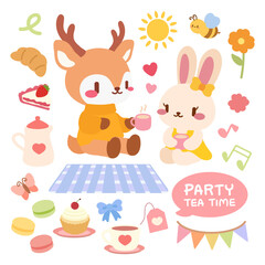 Kawaii Tea Party Clipart with Cute Bunny and Deer, Vector Illustration. Adorable Picnic Tea Time Vector, Cute Animals and Sweets. Cartoon Tea Party with Bunny and Deer, Kawaii Pastel Elements Set.
