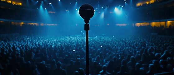 Microphone on stage before a large crowd in a blue lit concert hall, wide angle shot capturing the energy and anticipation of the audience