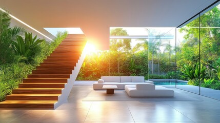 Fototapeta premium Modern, sun-drenched living area with a wooden staircase and lush greenery. Large windows offer a tranquil view of a tropical garden