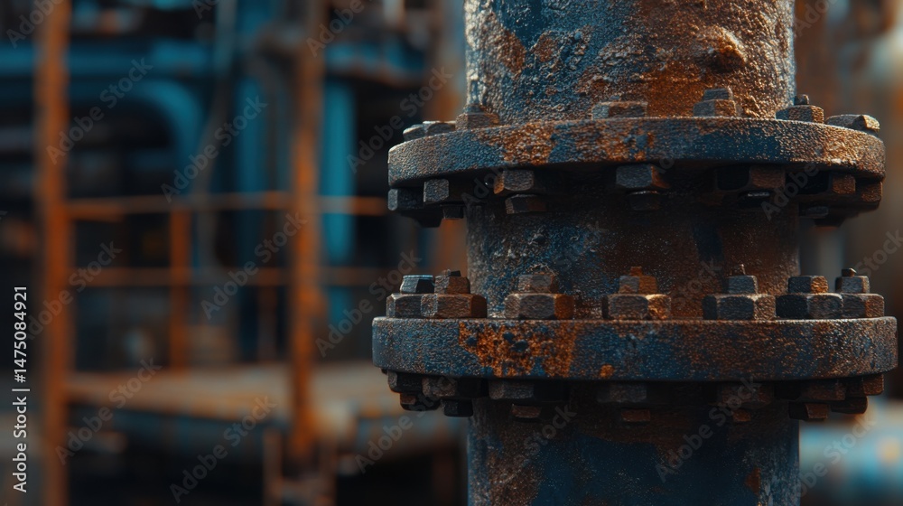 Poster industrial pipeline detail close up showcasing rust and corrosion in a factory setting with a blurre