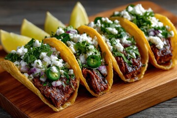 Delicious tacos served on a wooden platter with fresh ingredients and lime wedges in a casual dining setting