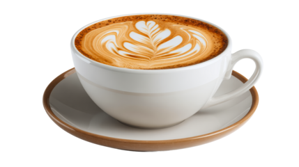 Tasty latte with intricate foam art served on a plate