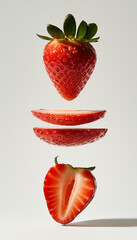 A vertical stack of sliced strawberries, with the top slice being a whole strawberry and the bottom one cut in half, against a soft beige background