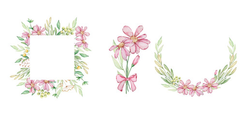 Elegant Floral decoration frames with watercolor pink flowers and green leaves