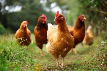 Fototapeta premium Free-range Chickens Grazing in Lush Green Pasture Farm Animals Poultry Birds