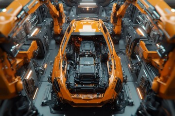 Fototapeta premium High-tech automotive manufacturing process, viewed from above.