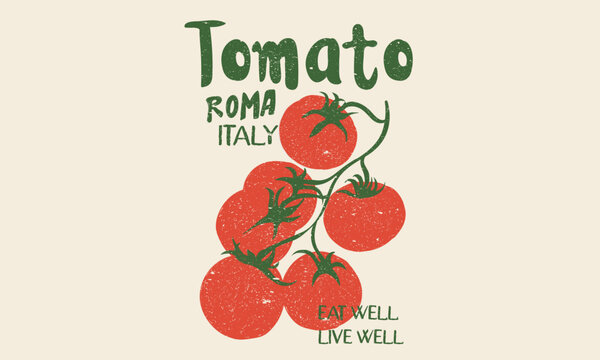 Tomato local farm. Blooming tomatoes art. Red tomato vintage t-shirt design. Organic vegetable farm. Tomato vegetable artwork for t shirt print, poster, sticker and other uses.