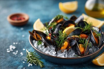 Freshly prepared mussels with herbs and lemon served on a bed of ice in a rustic bowl with drizzled olive oil