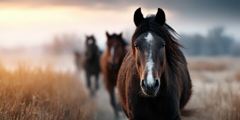 Fototapeta premium Horses running through a field at sunset with a dramatic sky in the background