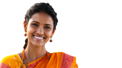 Woman in traditional attire smiling on a clear background