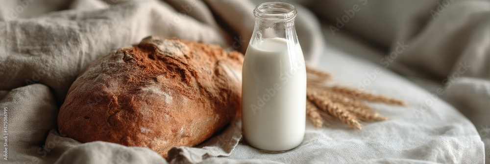 Poster fresh milk and homemade bread on a linen cloth with soft light showcasing a cozy and inviting breakf