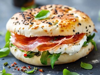 Delicious bagel sandwich close up featuring prosciutto cheese and fresh basil on a dark surface gourmet food shot