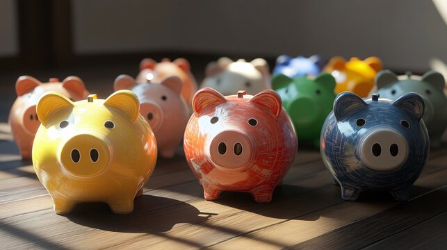Diversified Investments - 3D Render of Piggy Banks Labeled by Asset Class including Stocks, Bonds, Real Estate, and Currencies