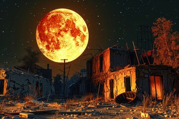 A giant orange moon rises over a desolate, abandoned village with ruined buildings, scattered debris, and a dark, starry night sky.