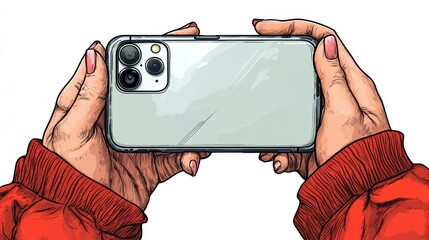 Hands hold cell phone, red sleeve visible. Phone facing viewer, clear case