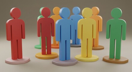 Group of colorful wooden figures standing together on a neutral surface.