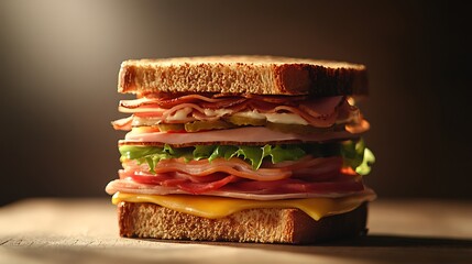 A fast food-style club sandwich stacked with turkey, ham, and Swiss cheese