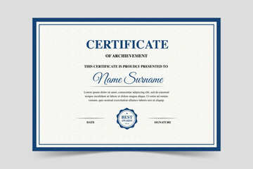 Modern elegant blue certificate template. Appreciation for business and education. Vector illustration