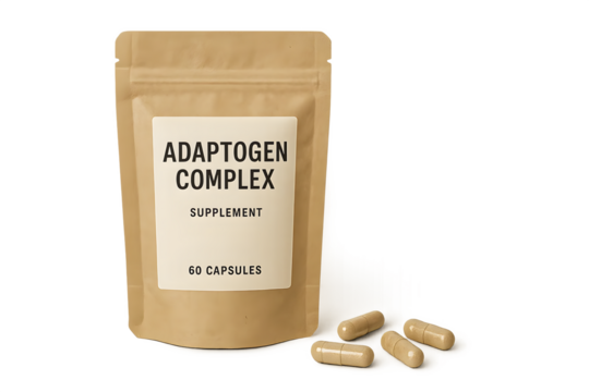 A package of Adaptogen Complex supplement containing 60 capsules, with some capsules displayed beside the bag. Concept Adaptogen Benefits, Supplement Facts, Capsule Design, Packaging Overview