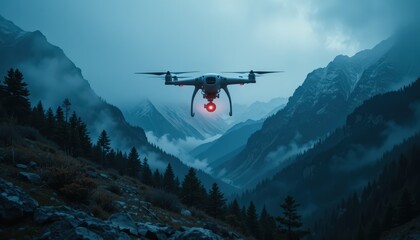 Fototapeta premium Drone Hovering Over Misty Mountains at Dusk Capturing Stunning Aerial Views of Nature