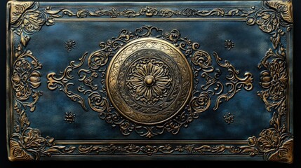 Ornate, antique-style, dark blue book cover with golden embellishments