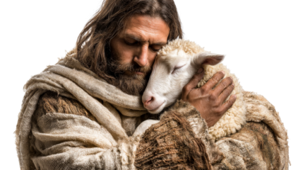 Shepherd gently cradles sheep in his arms during quiet moment